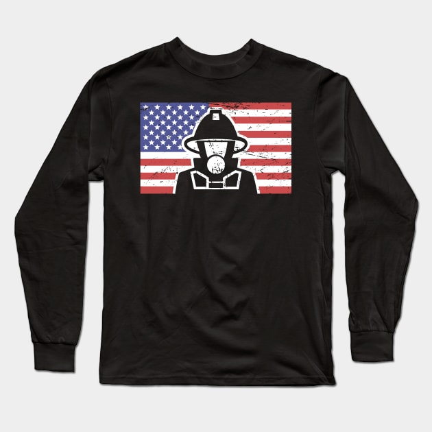 Patriotic American Flag & Fireman Long Sleeve T-Shirt by MeatMan